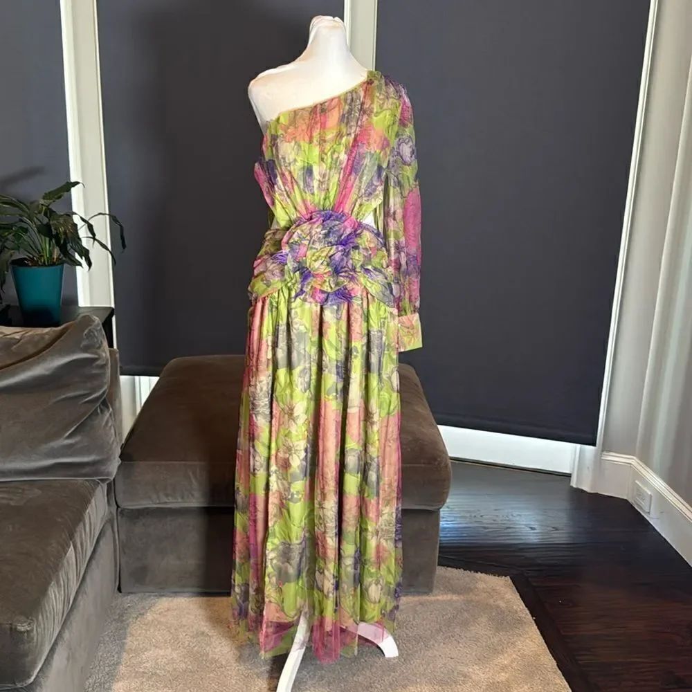 Women’s Floral One Shoulder Lightweight Summer Dress Leg Slit Cut Outs Size M
